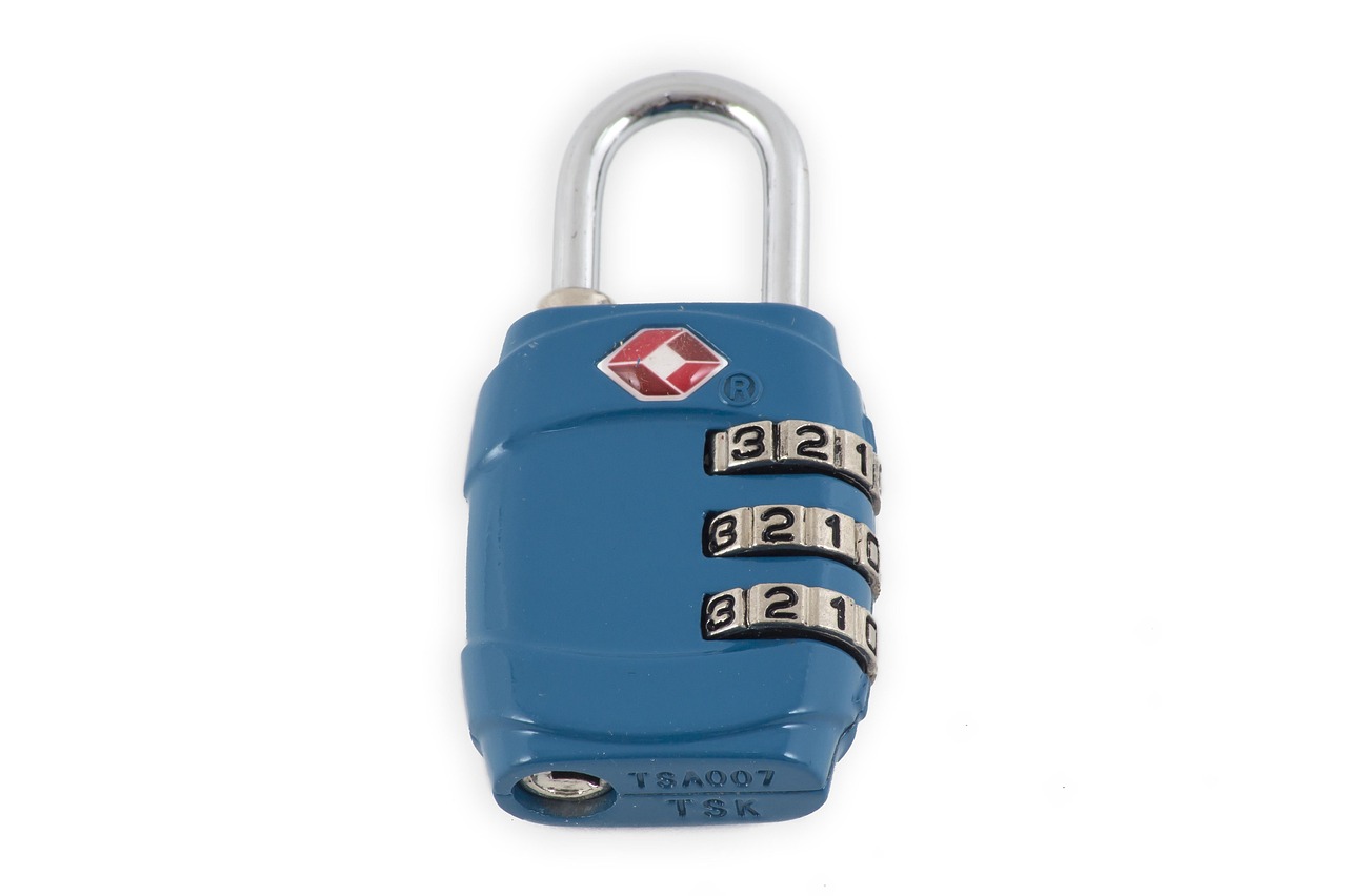 A travel lock securing a hostel locker with a passport and smartphone visible inside the locker