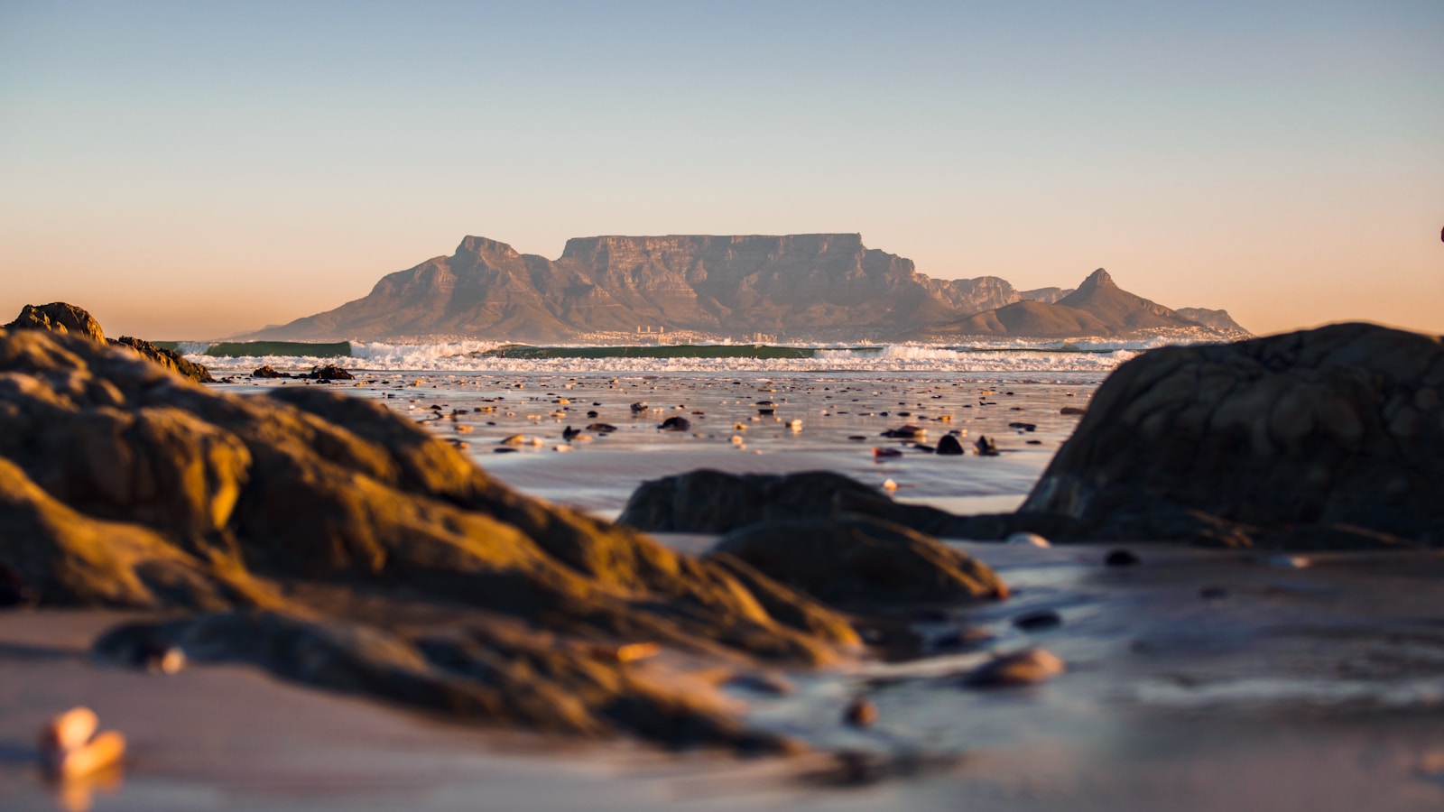 Cape Town Table Mountain on a sunny summer day with blue sky and ocean view