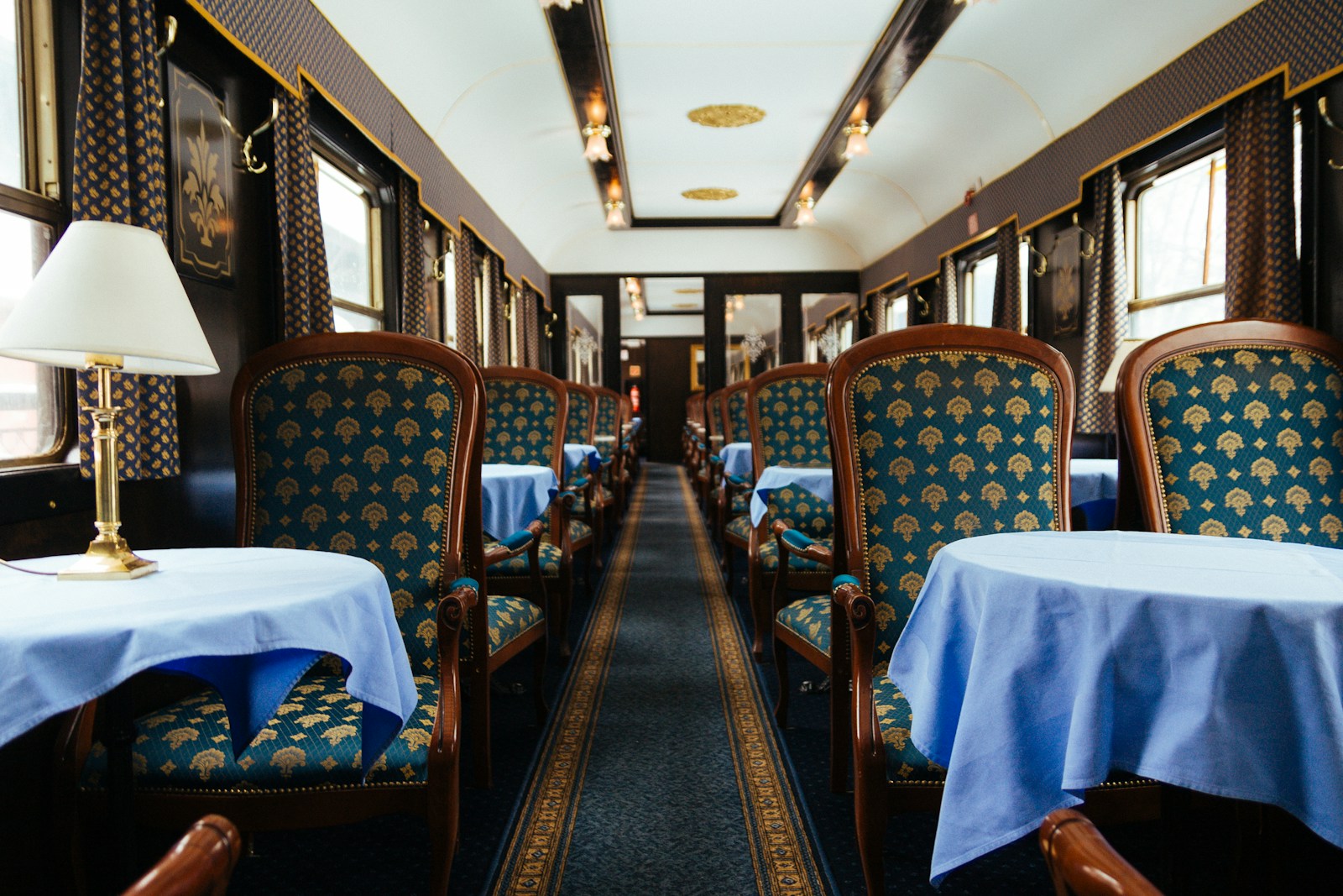 Spacious first class cabin with reclining seats and modern interior design