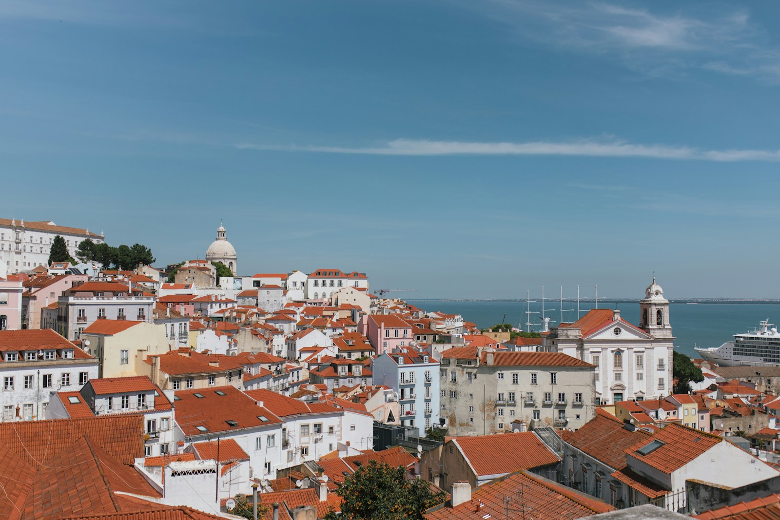 Lisbon skyline from Miradouro da Senhora do Monte at sunset with orange roofs and Tagus River