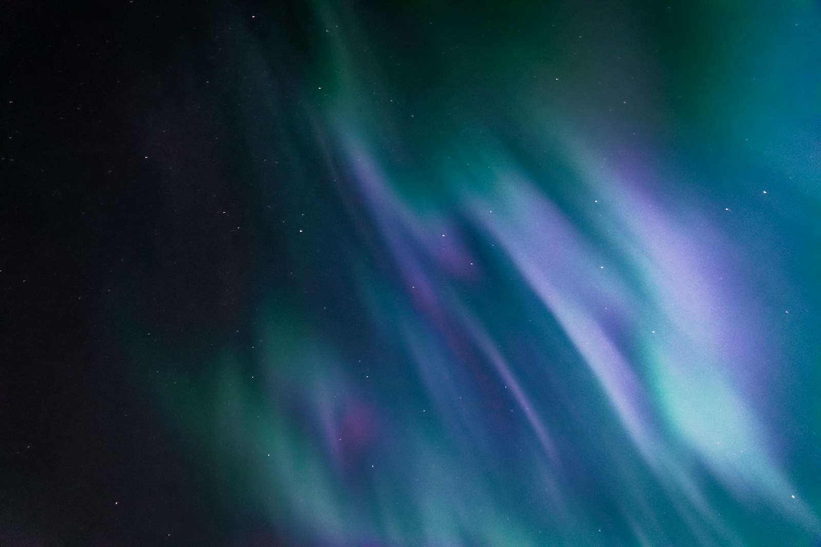 Northern lights dancing in green streaks over a black sand beach in Iceland with ocean waves