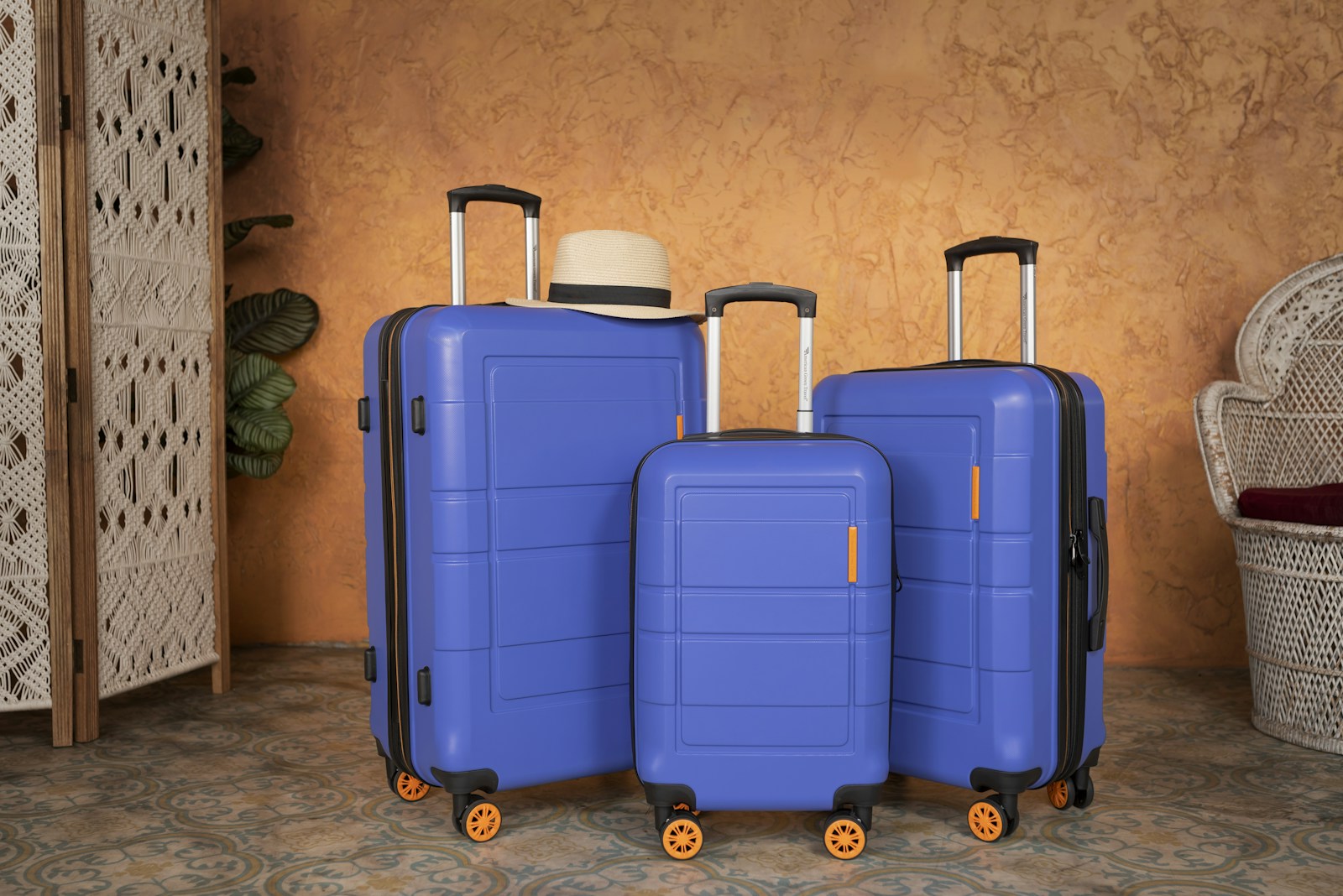 Selection of luggage sets on shelves in a travel store