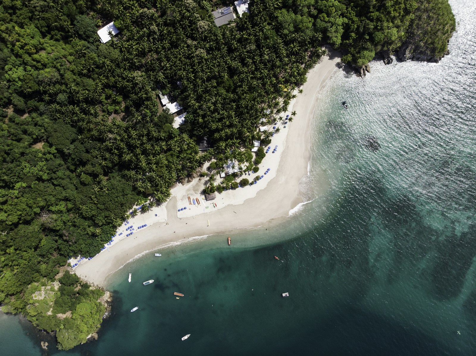 Tropical Costa Rica beach with white sand, palm trees, and turquoise Pacific Ocean water