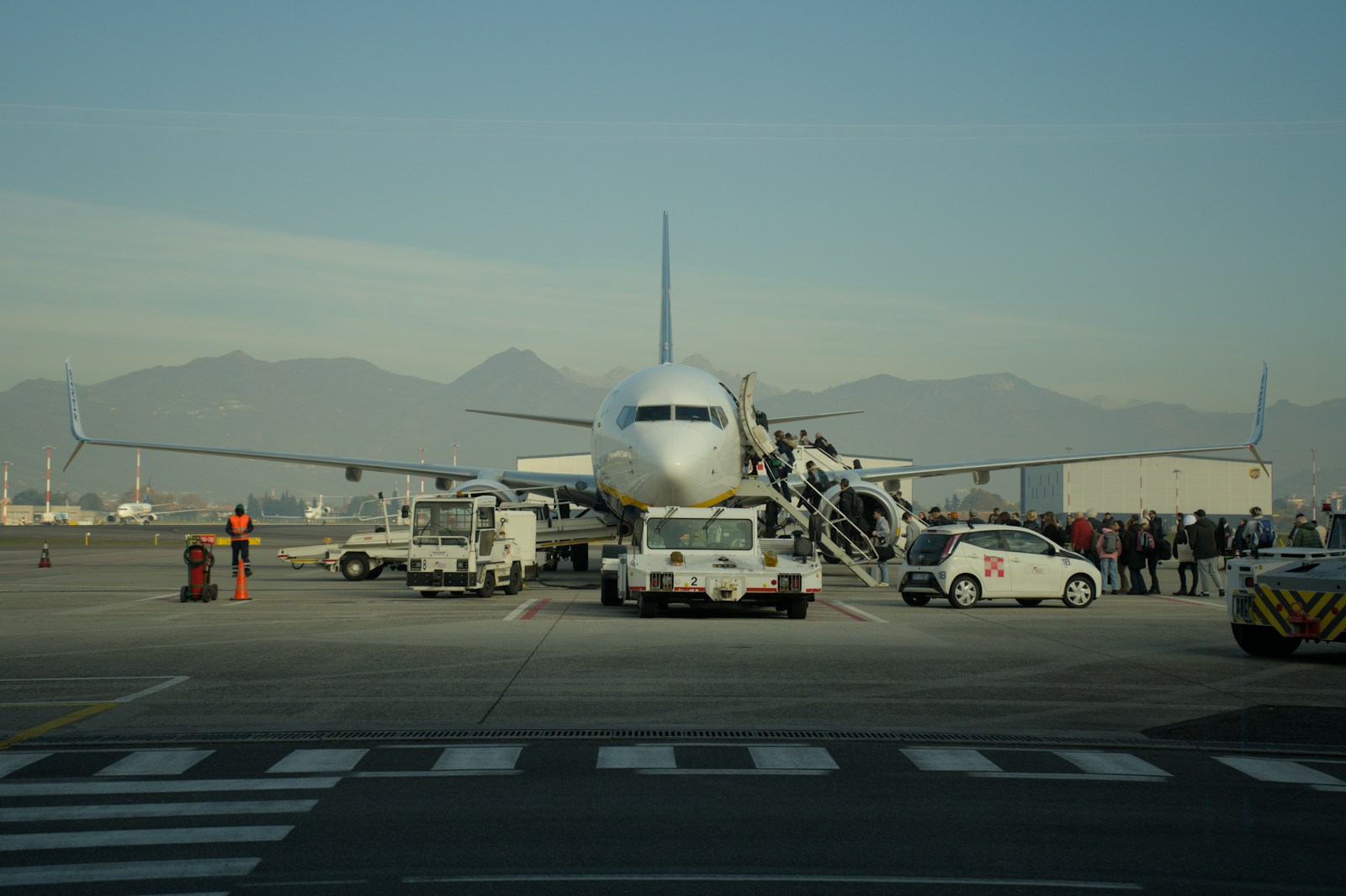 Passengers boarding a Ryanair plane on the tarmac